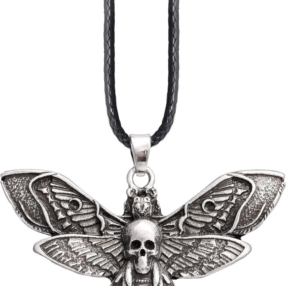 Skull Necklace, Death's-Head Hawkmoth Pendant, Faux Leather Cord, Jewelry Gift S
